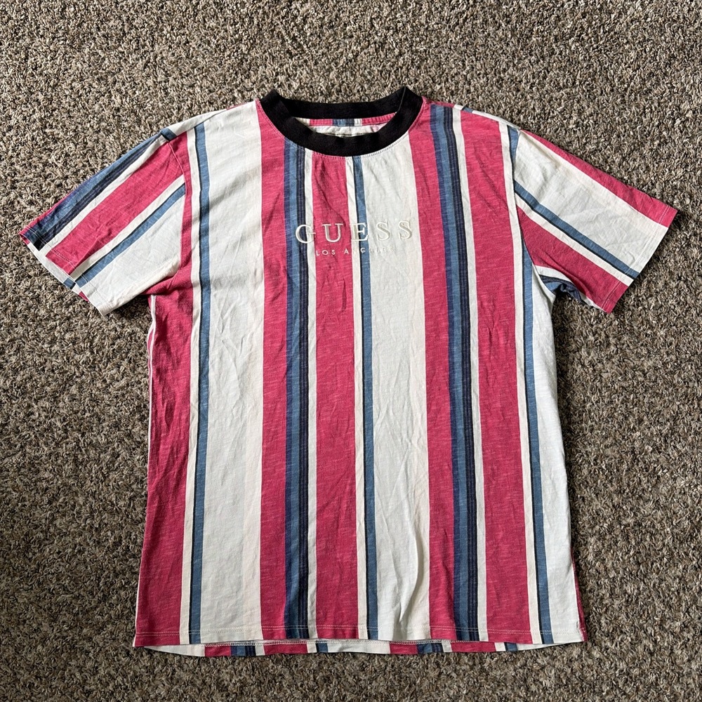 Guess Los Angeles Embroidered Logo T-Shirt Medium Striped Multicolor Y2K Style